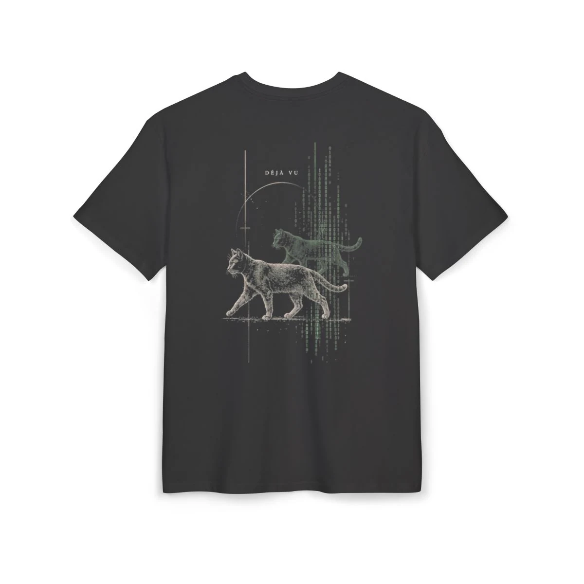 Back of the black DÉJÀ VU T-shirt: two engraved cats, falling green code, thin geometric lines and DÉJÀ VU lettering.
